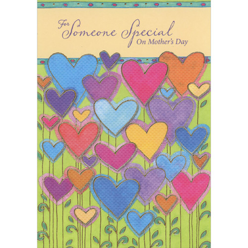 For Someone Special: Repeated Colorful Heart Shaped Flowers with Gold Foil Trim and Stems Mother's Day Card: For Someone Special on Mother's Day