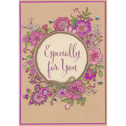 Especially for You 3D Die Cut Circular Banner with Brown String Bow Over Pink Foil and Purple Florals Hand Decorated Mother's Day Card: Especially for You