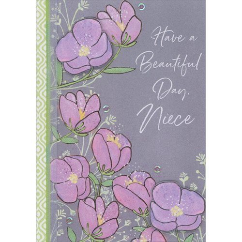 Two 3D Die Cut Purple Flowers and White Ribbon Over Purple Flowers on Gray Background Hand Decorated Mother's Day Card for Niece: Have a Beautiful Day, Niece