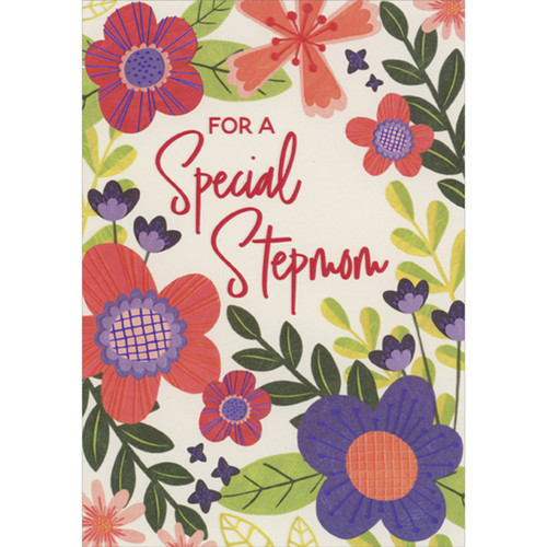 For a Special Stepmom: Red, Purple and Pink Flowers with Crisscross Patterns Mother's Day Card: For a Special Stepmom