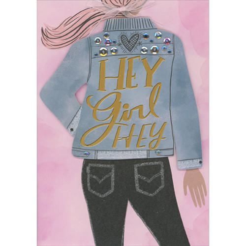 Hey Girl Hey on 3D Die Cut Blue Jacket, Gems, Silver and Purple Sequins and Pink Ribbon Hand Decorated Mother's Day Card for Friend: Hey Girl Hey