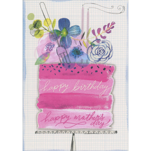 Pink and Blue Flowers, Slice of Happy Birthday Cake with Pink Frosting on Light Blue Grid Mother's Day Birthday Card: happy birthday - happy mother's day