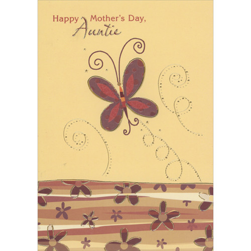 Brown and Orange Butterfly, Gold Foil Swirls and Repeated Brown Flowers African American Mother's Day Card for Auntie: Happy Mother's Day, Auntie