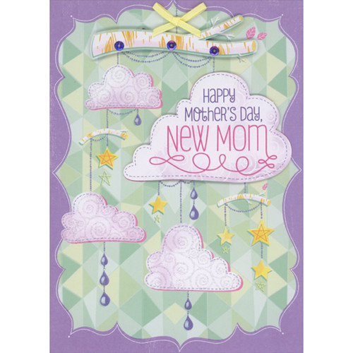 Baby Crib Mobile with Stars, 3D Die Cut Cloud, Purple Sequins and Yellow Ribbon Hand Decorated Mother's Day Card for New Mom: Happy Mother's Day, New Mom