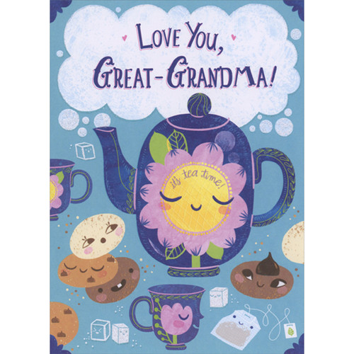 Smiley Faced Purple and Pink Tea Pot, Cookies and Tea Cup on Blue Background Juvenile Great-Grandma Mother's Day Card from Young Grandchildren: Love you, Great-Grandma!