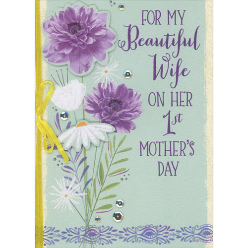 For My Beautiful Wife 3D Die Cut Purple and White Flowers, Sequins and Yellow Ribbon Hand Decorated 1st / First Mother's Day Card for My Wife: For My Beautiful Wife on Her 1st Mother's Day