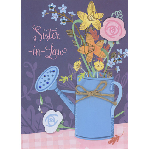 Blue and Pink 3D Die Cut Flowers, Blue Gems and Brown String on Blue Watering Can Holding Flowers Hand Decorated Mother's Day Card for Sister-in-Law: Sister-in-Law