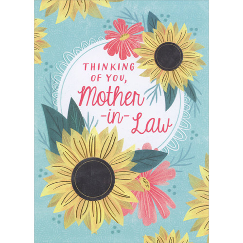 Thinking of You, Mother-in-Law: Yellow Flowers with Gold Foil Accents and Pink Flowers on Blue Mother's Day Card: Thinking of You, Mother-in-Law