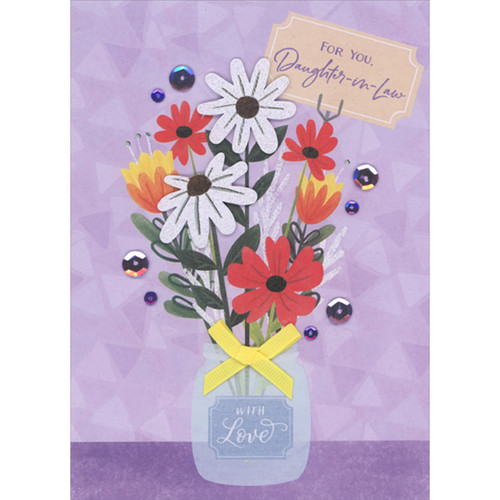 Sparkling 3D Die Cut White Daisies in Small Blue Jar with Yellow Bow on Purple Hand Decorated Mother's Day Card for Daughter-in-Law: For You, Daughter-in-Law