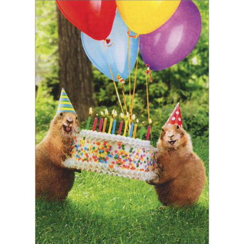 Two Prairie Dogs Carrying Cake and Balloons Funny / Humorous Birthday Card