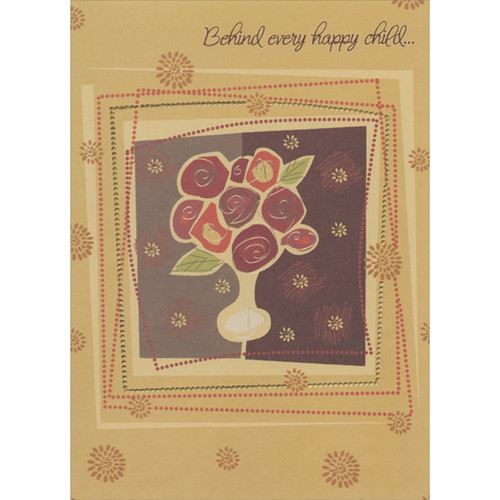 Behind Every Happy Child: Dark Red Flowers Inside Repeated Dotted Border Squares African American Mother's Day Card: Behind every happy child…