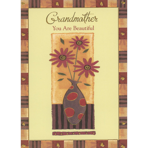 You Are Beautiful: Dark Red Flowers with Foil Swirls Inside Vase with Red Spots African American Mother's Day Card for Grandmother: Grandmother - You Are Beautiful