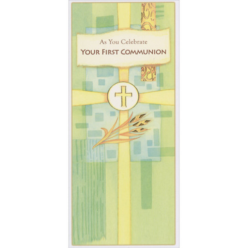 Gold Foil Outlined Yellow Cross and Wheat Stalk 1st / First Communion Gift Card or Money Holder Congratulations Card: As You Celebrate Your First Communion