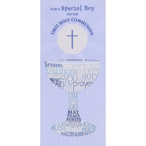 Chalice Shape Filled with Words of Faith on Blue 1st / First Communion Gift Card or Money Holder Congratulations Card for Boy: For a Special Boy On His First Holy Communion - God Bless You - Special - Faith - Holy Communion - Love - Peace - Joy - Blessed - Thanks & Praise - Rememberance - Worship - Gift - Prayer - Amen - The Word of The Lord - May Peace Be With You - Sacrament