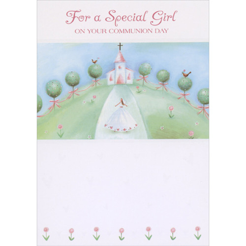 Girl in White Dress Walking Up Path Toward Church 1st / First Communion Congratulations Card for Girl: For A Special Girl On Your Communion Day