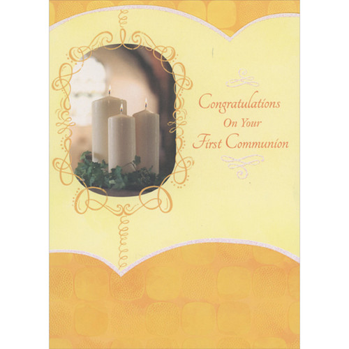 Photo of Three White Candles Bordered by Yellow Swirls 1st / First Communion Congratulations Card: Congratulations On Your First Communion