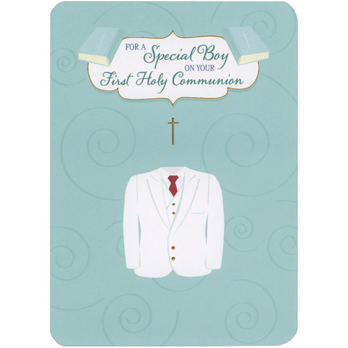 White Suit, Vest and Red Tie on Swirling Blue Background 1st / First Communion Congratulations Card for Boy: For a Special Boy On Your First Holy Communion