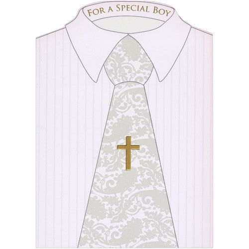 Die Cut Pin Stripe White Shirt and Paisley Tie with Gold Cross 1st / First Communion Congratulations Card for Boy: For a Special Boy