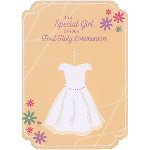 White Dress on Light Orange Background with Thin Glitter Border Die Cut 1st / First Communion Congratulations Card for Girl: To a Special Girl on Your First Holy Communion