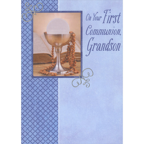 Brown Rosary Draped Over Chalice Holding Host 1st / First Communion Congratulations Card for Grandson: On Your First Communion, Grandson