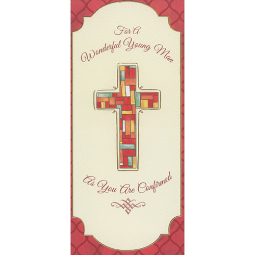 Colorful Stained Glass Cross with Thin Gold Border Money Holder : Gift Card Holder Confirmation Congratulations Card for Young Man: For A Wonderful Young Man As You Are Confirmed