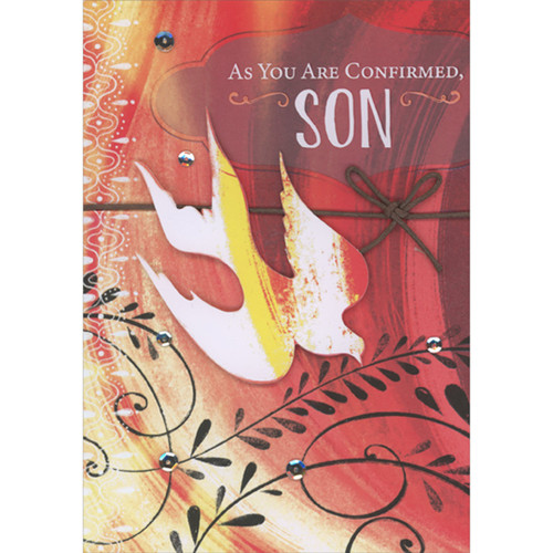 Red, Yellow and White 3D Die Cut Dove in Flight, Brown String and Sequins Hand Decorated Confirmation Congratulations Card for Son: As you Are Confirmed, Son