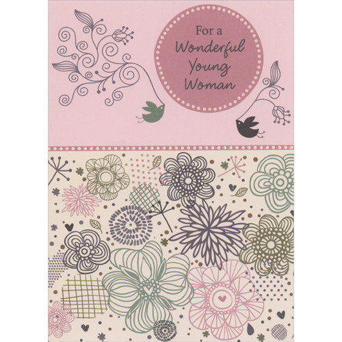 Green and Black Birds Flying with Thin Lined Branches and Flowers on Light Pink Confirmation Congratulations Card for Young Woman: For a Wonderful Young Woman