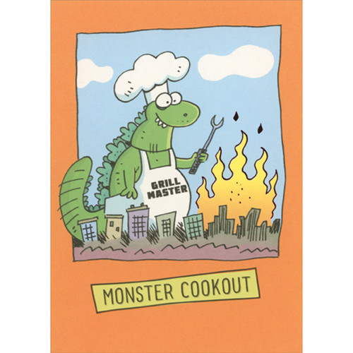 Monster Cookout: Green Monster in White Apron Humorous / Funny Father's Day Card: Monster Cookout