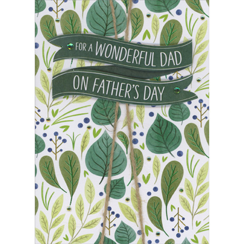 Curving Green 3D Banner, Gems and Twine Over Falling Leaves Hand Decorated Father's Day Card for Dad: For a Wonderful Dad on Father's Day