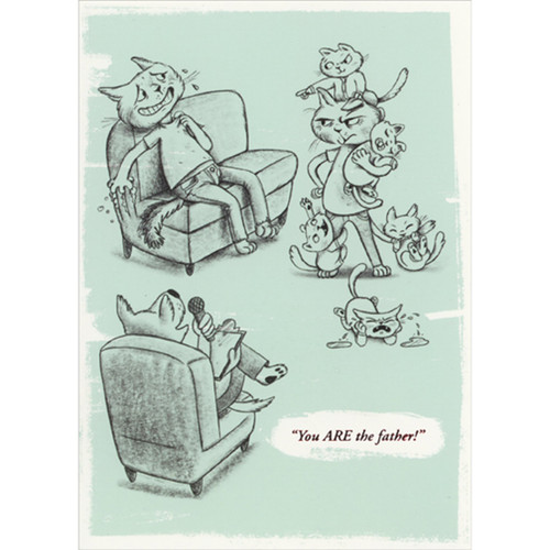 Maury TV Show Parody - You ARE the father: Nervous Cat Sitting on Couch Humorous / Funny Father's Day Card: You ARE the father!