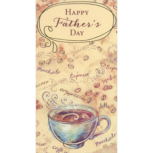 Blue Coffee Cup with Curling Vapors and Beans on Beige Background Father's Day Card: Happy Father's Day