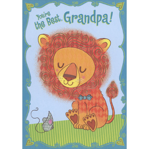 Small Gray Mouse and Orange Lion with Gold Foil Mane and Blue Tie Juvenile Father's Day Card for Grandpa from Child : Kid: You're the Best, Grandpa!