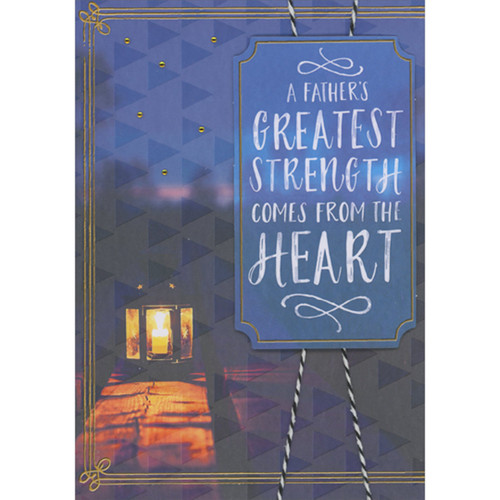 Father's Greatest Strength 3D Blue Banner, Black and White String and Gems on Candlelit Background Hand Decorated Father's Day Card: A father's greatest strength comes from the heart