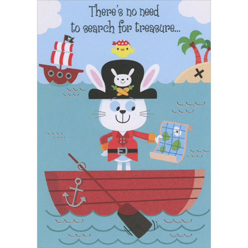 Bunny Pirate Standing in Red Row Boat and Holding Treasure Map Juvenile Father's Day Card for Uncle from Child: There's no need to search for treasure…