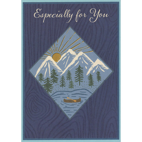 Gold Foil Sun, Mountains and Canoe in Diamond Frame on Blue Background Especially for You Father's Day Card: Especially for you