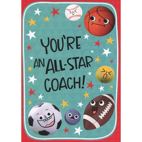 You're an All-Star: Sports Balls and Small Stars on Blue and Red Father's Day Card for Coach: You're an All-Star Coach!