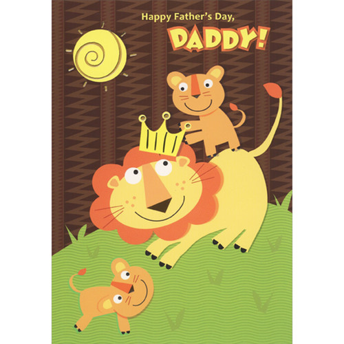 Lion with Crown Playing with Two Cubs Under Swirl Patterned Yellow Sun Juvenile African American Father's Day Card for Daddy: Happy Father's Day, Daddy!