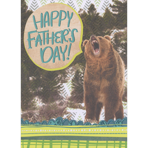 Photo of Growling Brown Bear, Blue Foil Curving Border and Yellow Border Father's Day Card: Happy Father's Day
