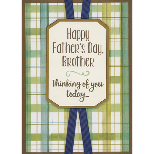 Octagonal Gold Foil Bordered 3D Banner and Blue Ribbons on Green Plaid Hand Decorated Father's Day Card for Brother: Happy Father's Day, Brother - Thinking of you today