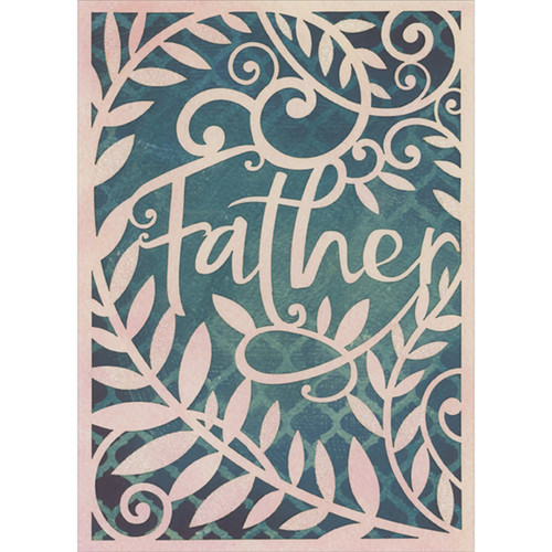 Intricate Die Cut Window “Father” and Swirling Light Brown Vines Overlay on Blue Hand Decorated Father's Day Card: Father