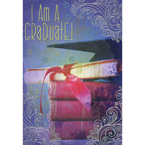 I am a Graduate: Red Books, Diploma, Cap and Silver Swirls Package of 8 Graduation Party Invitations: I Am A Graduate!