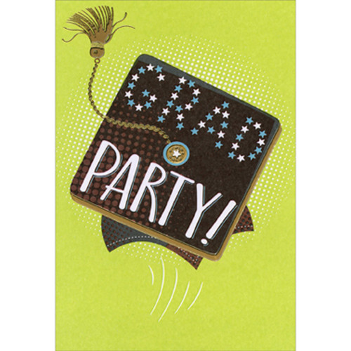 Grad Party on Top of Cap, Small Stars and Gold Foil Tassel on Green Package of 8 Graduation Party Invitations: Grad Party!