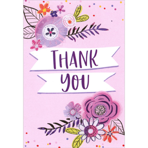 Thank You: White Banners, Sparkling Glitter Flowers on Pink Package of 8 Juvenile Graduation Thank You Notes for Girl: Thank you