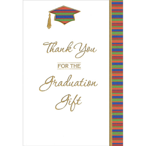 Gold Foil Bordered Cap, Tassel with Orange, Blue, Red and Green Horizontal Stripes Package of 8 Graduation Thank You Notes: Thank you for the graduation gift