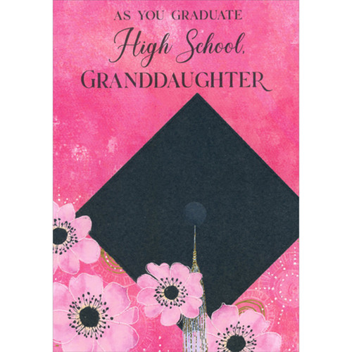 Top of Grad Cap and Pink Flowers on Dark Pink High School Graduation Congratulations Card for Granddaughter: As you graduate High School, Granddaughter