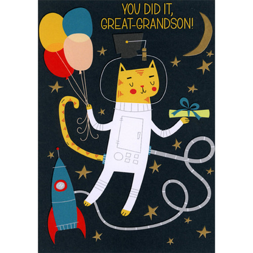 Cat in Space with Blue Ship, Gold Stars and Gold Moon Juvenile Graduation Congratulations Card for Great-Grandson: You did it, Great-Grandson!