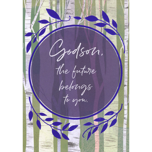 The Future Belongs to You Circular Banner with Purple Foil Leaves Bordered Graduation Congratulations Card for Godson: Godson, the future belongs to you.