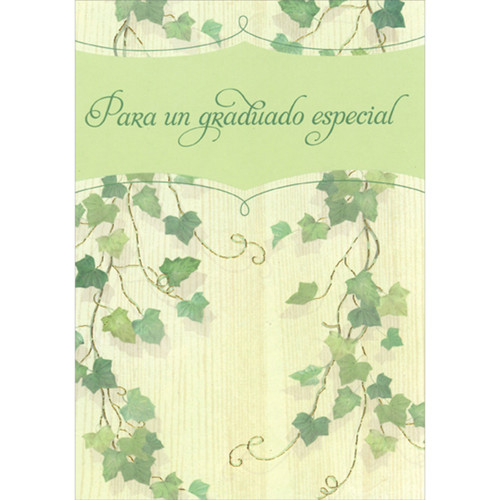 Dark and Light Green Leaves on Thin Swirling Gold Foil Stems Spanish Graduation Congratulations Card: Para un graduado especial (English: For a special graduate)
