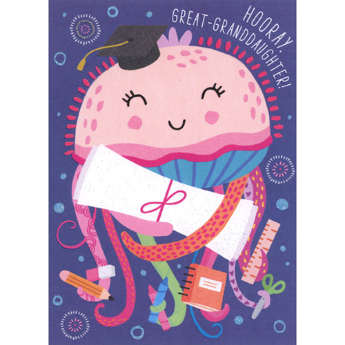 Cute Smiling Pink Octopus Holding Diploma and School Supplies Juvenile Graduation Congratulations Card for Granddaughter: Hooray, Great-Granddaughter!