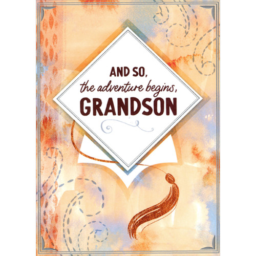 The Adventure Begins: White Cap with Brown Tassel College Graduation Congratulations Card for Grandson: And so, the adventure begins, Grandson